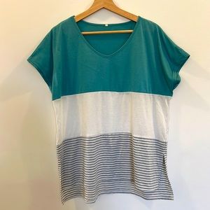 Amazon Brand XL Teal Grey White Stripe Short Sleeve Shirt Top